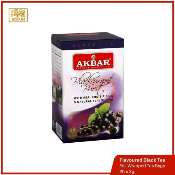Blackcurrant Burst Flavoured Black Tea, a superior blend infused with natural fruit pieces and high-grown BOPF leaves.
