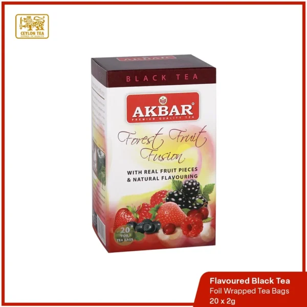 Forest Fruit Fusion Flavoured Black Tea, an exquisite blend infused with natural fruit pieces and high-grown BOPF leaves.