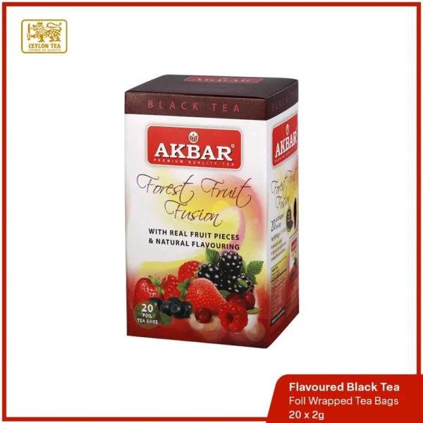 Forest Fruit Fusion Flavoured Black Tea, an exquisite blend infused with natural fruit pieces and high-grown BOPF leaves.