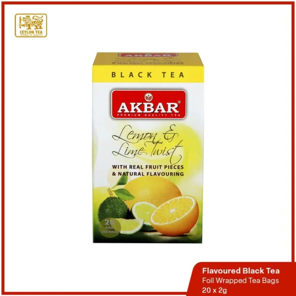 Lemon and Lime Twist Flavoured Black Tea, a blend featuring high-grown BOPF leaves infused with natural fruit pieces.