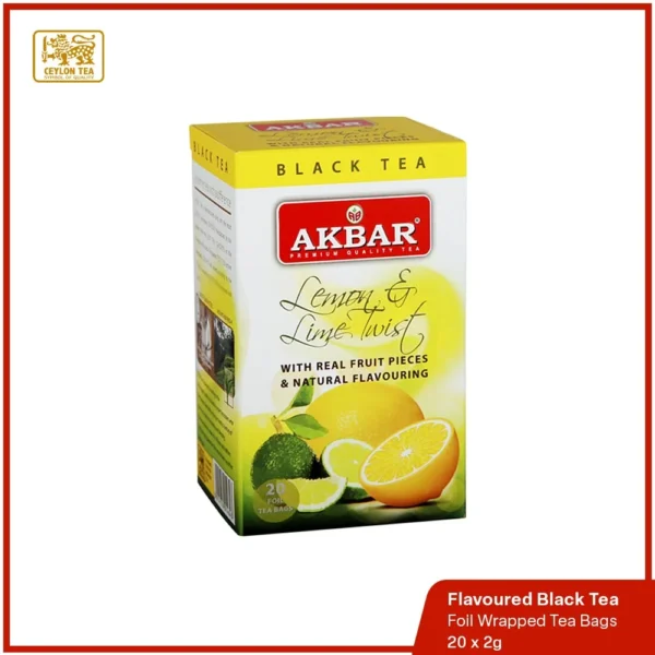 Lemon and Lime Twist Flavoured Black Tea, a blend featuring high-grown BOPF leaves infused with natural fruit pieces.