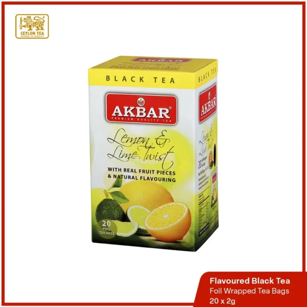 Lemon and Lime Twist Flavoured Black Tea, a blend featuring high-grown BOPF leaves infused with natural fruit pieces.