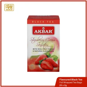 Strawberry Cream Sensation Flavoured Black Tea, a luxurious blend featuring high-grown black tea infused with natural fruit pieces.
